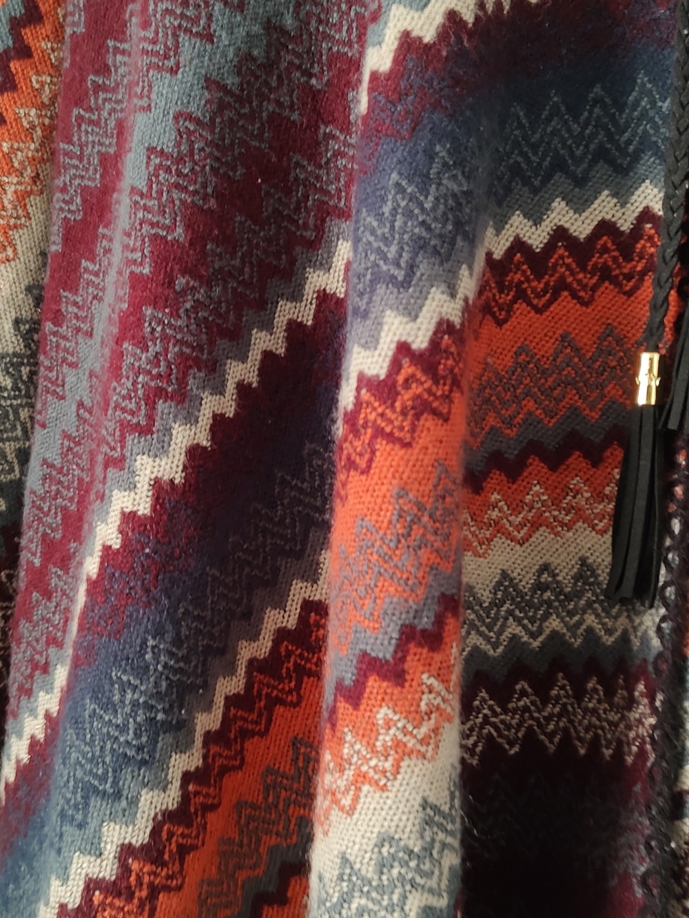 Hooded Chevron Knit Poncho in Burgundy & Rust - Picture 3 of 11